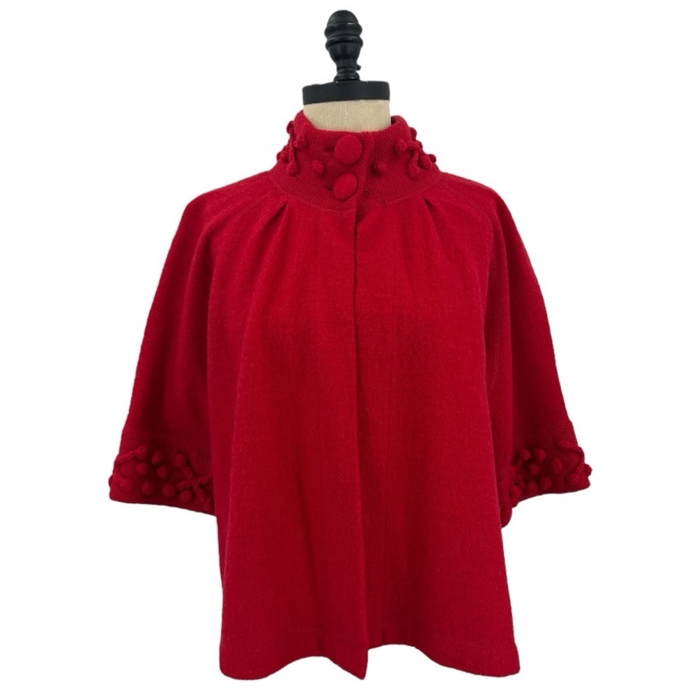 For Cynthia Red Wool Open Front Cape/Jacket 100% Wool SZ S Preppy Christmas